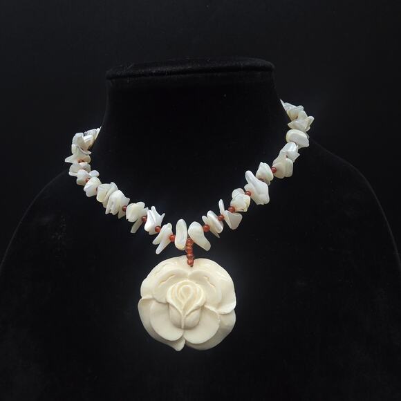 925 HK Mother of Pearl Red Carnelian Carved Flower Necklace Bracelet Set - Picture 4 of 12